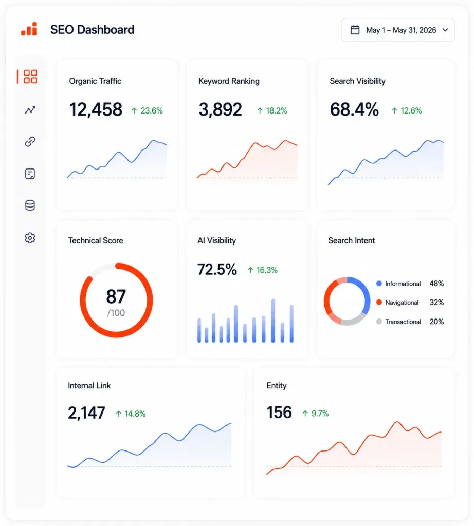 Dashboard SEO website yang menampilkan analisis keyword, trafik organik, dan performa pencarian.